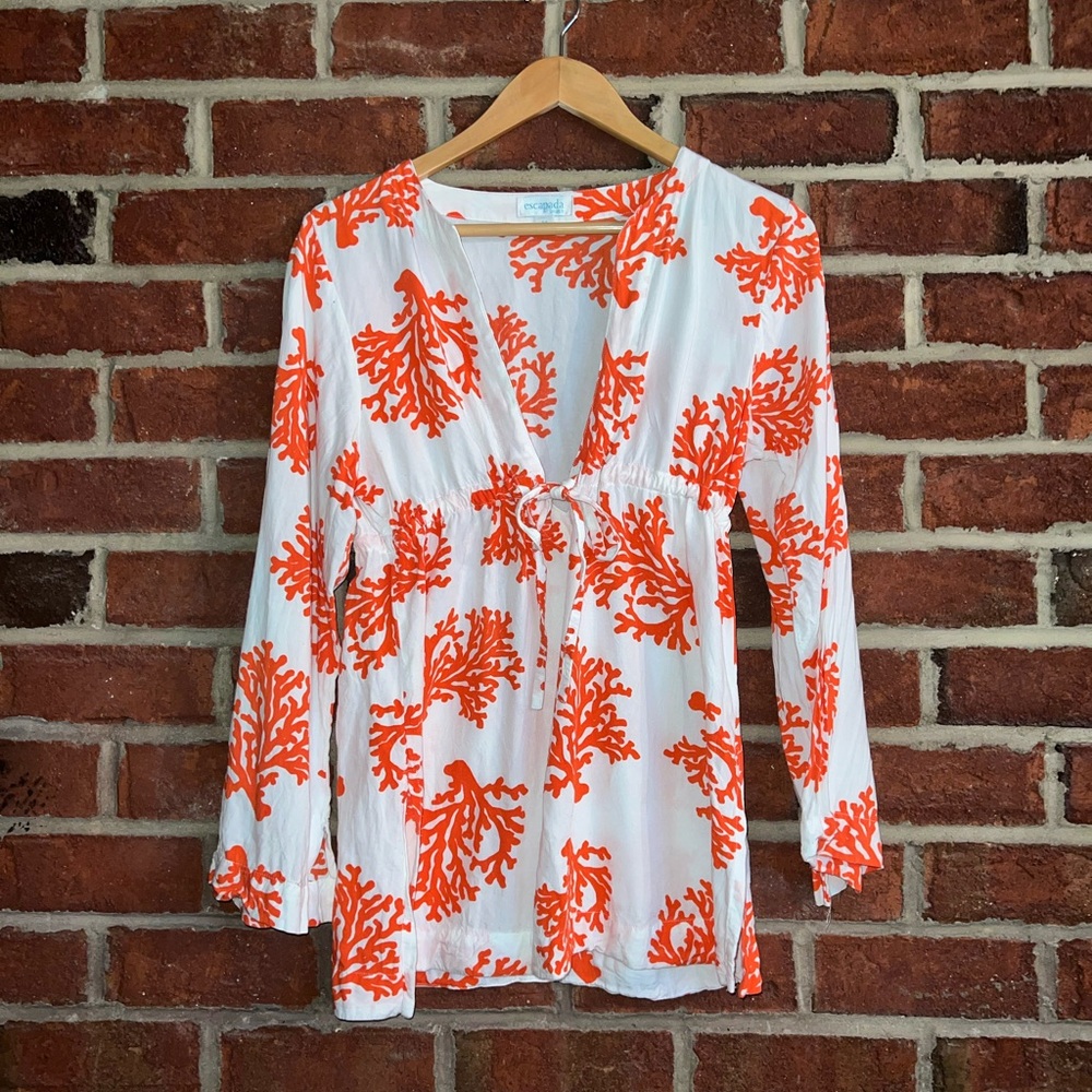 Coral and white beach print top